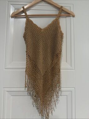Handmade Beaded Crochet Fringe Tank Top - Tan